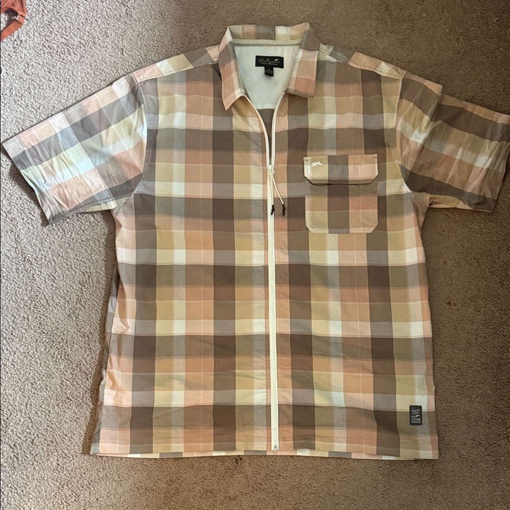 Cubavera Tan and Brown Plaid Zip-Up Shirt